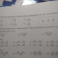 Zadanie 7: usuwanie niewymierności z mianownika. Przykład pokazuje, jak pozbyć się pierwiastka z mianownika, mnożąc licznik i mianownik przez ten sam pierwiastek.