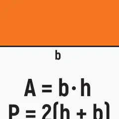 Pomarańczowy prostokąt ABCD o bokach b i h. Wzory na pole A=b*h i obwód P=2(h+b).