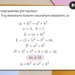 Dowody w matematyce: przykład 1 pokazuje, że hipoteza (a+b)² = a²+b² jest fałszywa dla liczb naturalnych dodatnich, bo 64 ≠ 34.