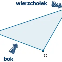 Trójkąt ABC z zaznaczonym wierzchołkiem i bokiem. Strzałka wskazuje na bok, a napis "wierzchołek" na punkt B.