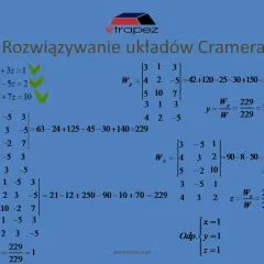Rozwiązywanie układów równań metodą Cramera. Obliczenia wyznaczników i wartości zmiennych x, y, z.