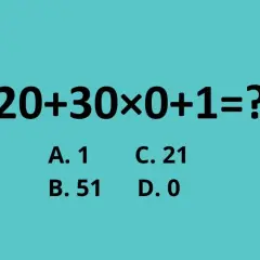 Zadanie matematyczne: 20+30×0+1=? Sprawdź kolejność wykonywania działań z potęgami. Odpowiedzi: A. 1, B. 51, C. 21, D. 0.