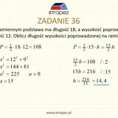 W trójkącie równoramiennym z podstawą 18 i wysokością 12, obliczamy pole i wysokość na ramię. Wzór na pole trójkąta równoramiennego jest kluczowy.