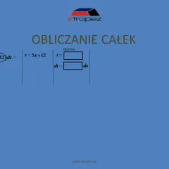 Obliczanie całek: całka z sin(5x+12)dx. Stosujemy całkowanie przez podstawienie, gdzie t=5x+12.