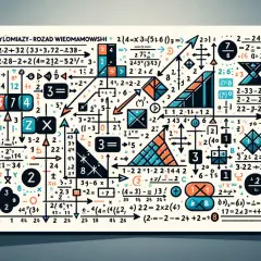 Rozkład wielomianu na czynniki, przedstawiony jako skomplikowany diagram z liczbami, symbolami matematycznymi i geometrycznymi kształtami.
