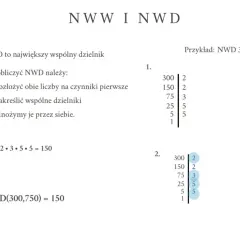 NWD przykłady: rozkład liczb 300 i 750 na czynniki pierwsze, podkreślenie wspólnych dzielników i ich mnożenie. NWD(300,750) = 150.