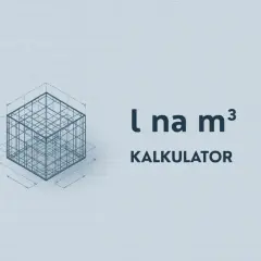 Siatka z zaznaczonymi wymiarami i napisem "l na m³ KALKULATOR" - narzędzie do przeliczania jednostek pojemności.