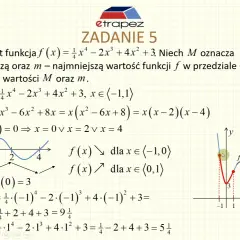 Rozwiązanie zadania 5, gdzie szukamy ekstremów funkcji f(x) na przedziale [-1,1]. Obliczenia pochodnej i wartości funkcji potwierdzają twierdzenie Darboux.