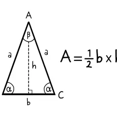 Wzór na pole trójkąta: A = ½ b × h. Pokazano trójkąt z zaznaczoną wysokością (h) opuszczoną na podstawę (b).