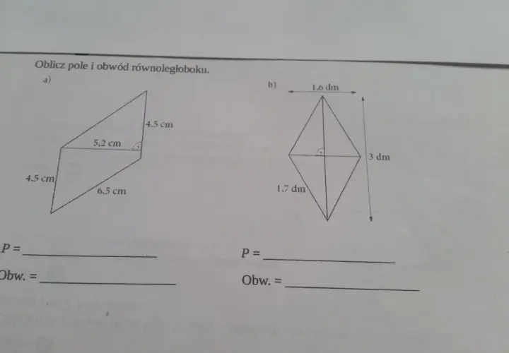 Zadanie z geometrii: jak obliczyć obwód równoległoboku. Dwa przykłady z podanymi bokami i wysokościami.