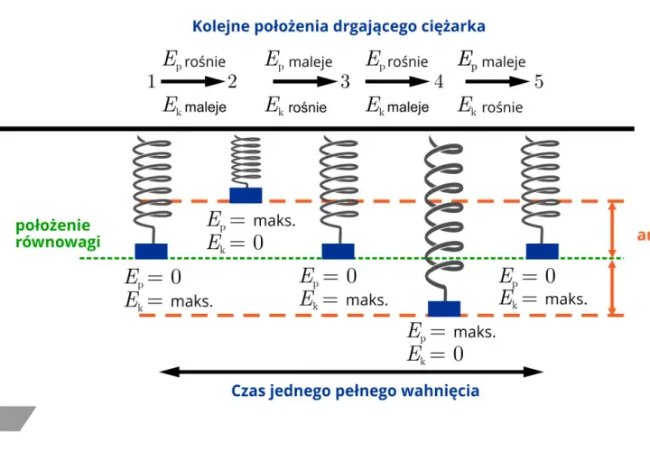 Przemiana energii w ruchu drgającym: sprężyna z ciężarkiem pokazuje, jak energia potencjalna (Ep) i kinetyczna (Ek) zamieniają się w cyklu.