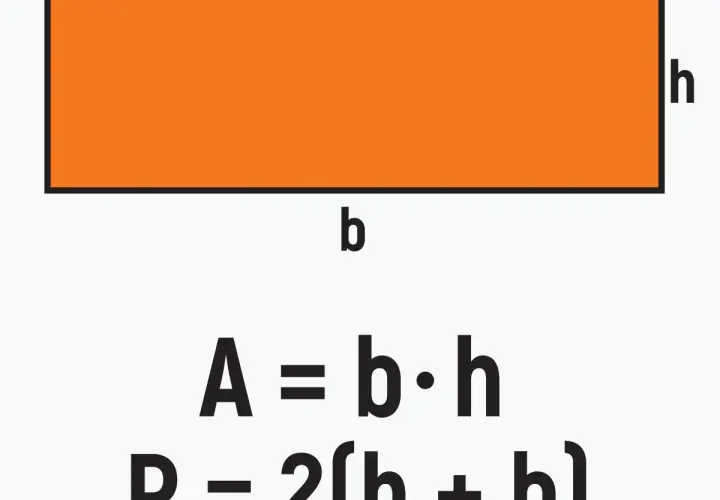 Pomarańczowy prostokąt ABCD o bokach b i h. Wzory na pole A=b*h i obwód P=2(h+b).