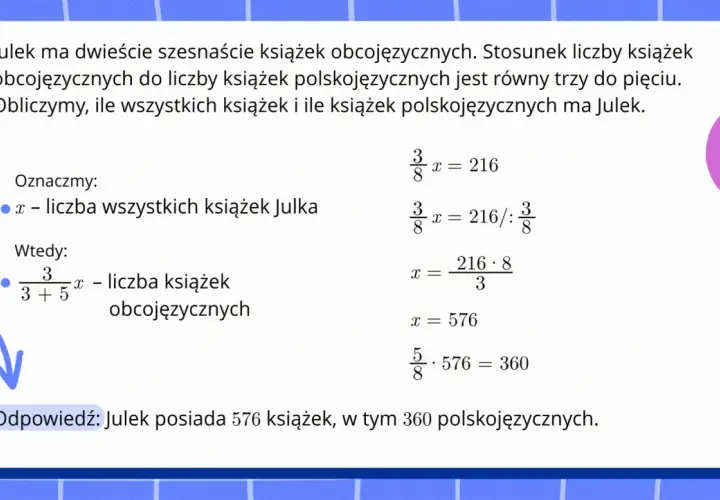 Podział proporcjonalny klasa 8: Julek ma 216 książek obcojęzycznych. Stosunek książek obcojęzycznych do polskojęzycznych to 3:5. Obliczono, że Julek ma 576 książek, w tym 360 polskojęzycznych.