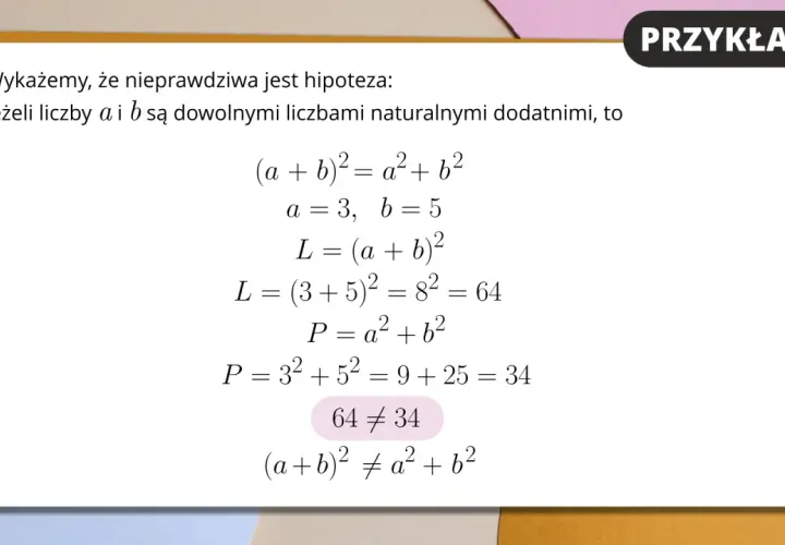 Dowody w matematyce: przykład 1 pokazuje, że hipoteza (a+b)² = a²+b² jest fałszywa dla liczb naturalnych dodatnich, bo 64 ≠ 34.