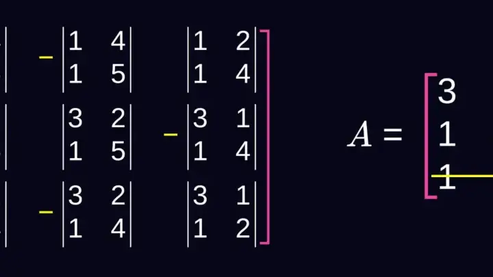 Obliczanie macierzy odwrotnej 2x2. Widać wzór na macierz dopełnień algebraicznych.