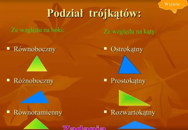 Podział trójkątów: równoboczny, różnoboczny, równoramienny (ze względu na boki) oraz ostrokątny, prostokątny, rozwartokątny (ze względu na kąty).