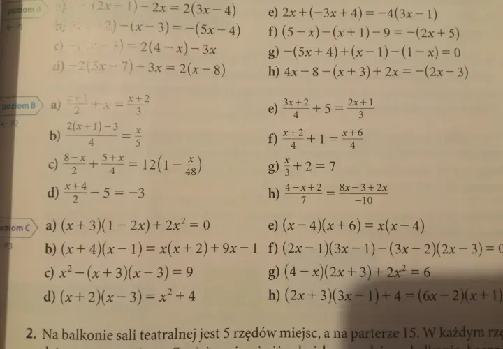 Przykłady równań klasa 8: poziom A, B, C z różnymi zadaniami.