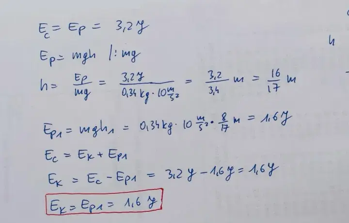 Obliczenia dotyczące energii potencjalnej grawitacji jednostki. Widać wzory i dane: m=0,34kg, Ep=3,2J, g=10m/s².