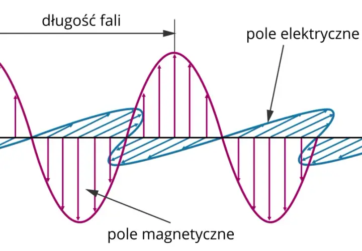 Wykres przedstawia fale elektromagnetyczne: pole elektryczne (fioletowe) i magnetyczne (niebieskie) oscylują prostopadle do kierunku ruchu fali. Długość fali zaznaczona.