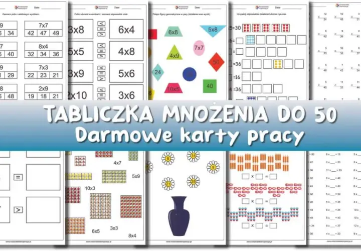 Zestaw kart pracy do nauki mnożenia do 50. Ćwiczenia z mnożenia, figur geometrycznych i obrazków.