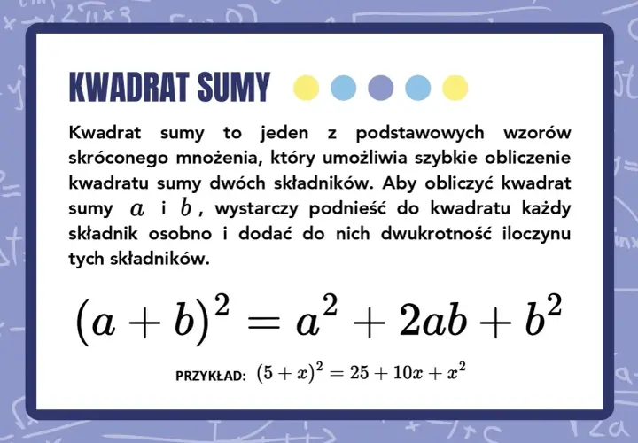 Wzór skróconego mnożenia na kwadrat sumy: (a + b)² = a² + 2ab + b². Przykład: (5 + x)² = 25 + 10x + x².