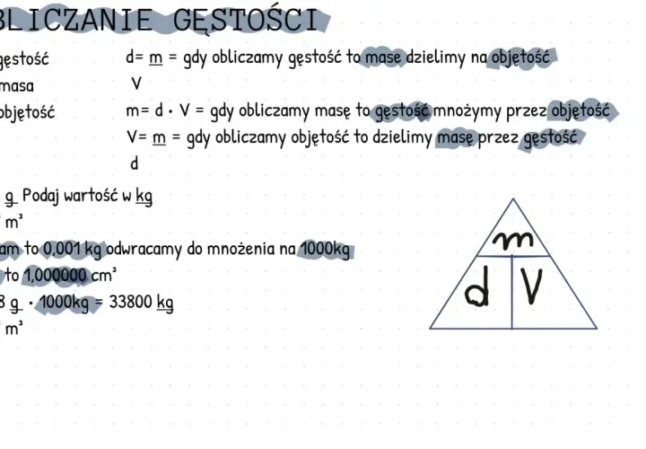 Obliczanie gęstości: wzory i przykłady. Gęstość (d) to masa (m) podzielona przez objętość (V).
