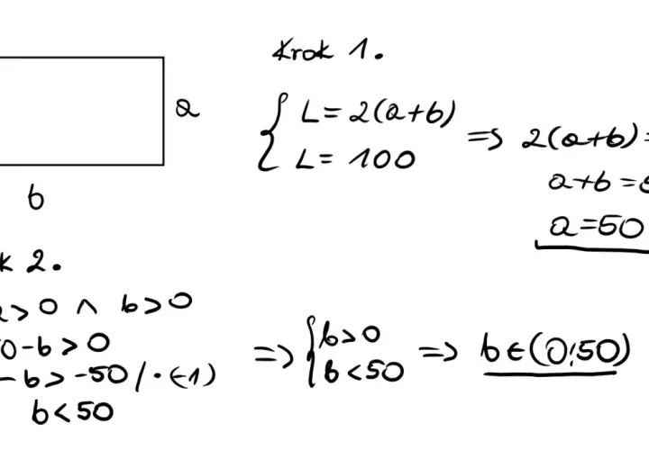 Optymalizacja matematyka: prostokąt o bokach a i b, obwód L=100. Wyznaczenie zakresu dla b.