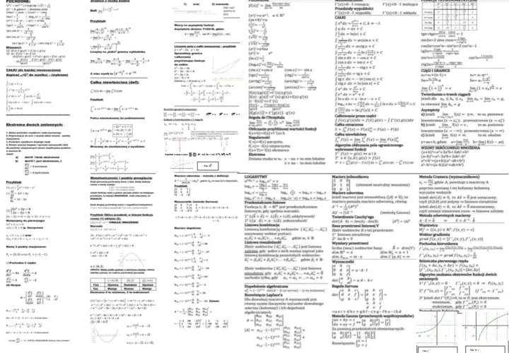 Zbiór wzorów na calki, pochodne, logarytmy i inne zagadnienia matematyczne.