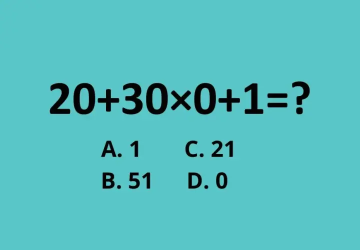 Zadanie matematyczne: 20+30×0+1=? Sprawdź kolejność wykonywania działań z potęgami. Odpowiedzi: A. 1, B. 51, C. 21, D. 0.