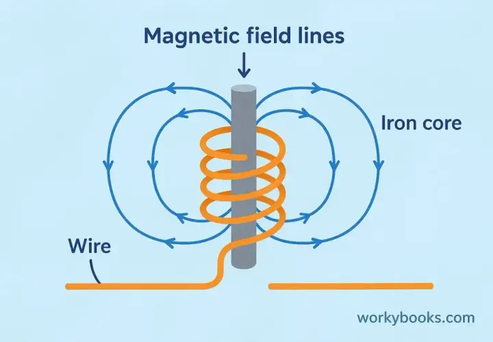 Ilustracja pokazuje, jak działa elektromagnes: drut nawinięty na rdzeń żelazny tworzy pole magnetyczne.