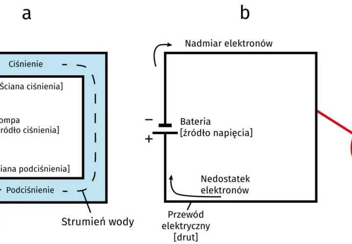 Analogia między ciśnieniem wody a napięciem elektrycznym. Pompa tworzy ciśnienie, a bateria napięcie, napędzając strumień wody lub elektronów (natężenie).