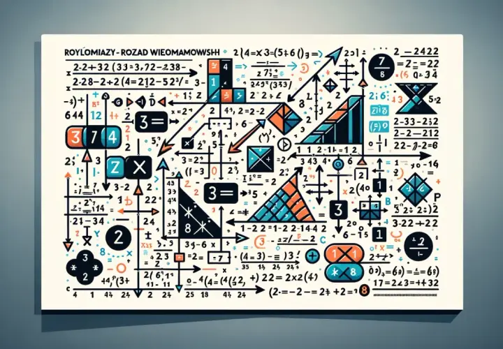 Rozkład wielomianu na czynniki, przedstawiony jako skomplikowany diagram z liczbami, symbolami matematycznymi i geometrycznymi kształtami.