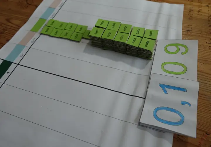 Zestaw zielonych kostek z napisem "0,001" obok planszy z podziałką. Obok leżą karty z liczbami "0,109" i "0,1". To pomoc dydaktyczna do nauki ułamków dziesiętnych.