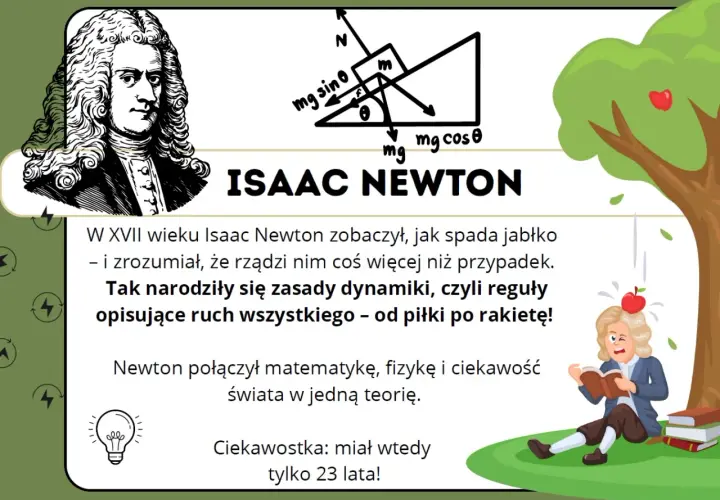 Portret Isaaca Newtona i schemat sił na równi pochyłej. Obrazek ilustruje zasady dynamiki Newtona, które narodziły się z obserwacji spadającego jabłka.