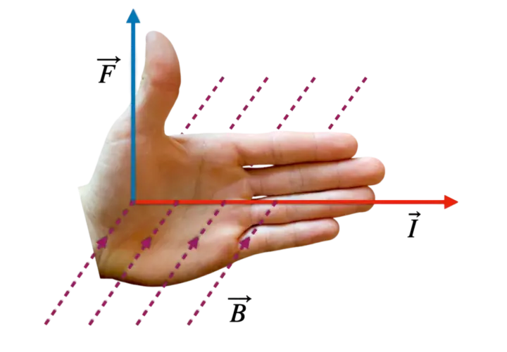 Dłoń ilustruje właściwości magnetyczne przewodnika z prądem. Kciuk wskazuje siłę (F), palce prąd (I), a pole magnetyczne (B) przenika dłoń.