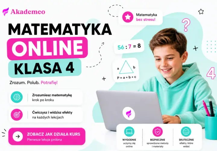 Chłopiec uśmiecha się, ucząc matematyki online. Kurs "Matematyka klasa 4" online, bez stresu, z efektami.