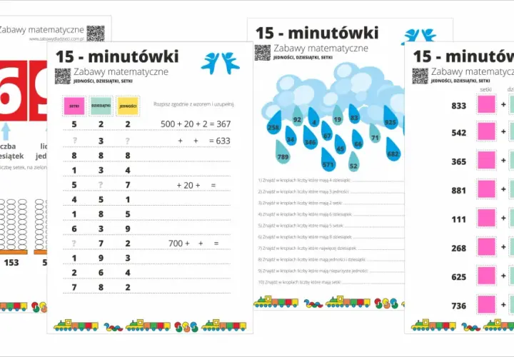 Zapis dziesiętny liczby trzycyfrowej na kartach pracy z zadaniami matematycznymi dla dzieci.