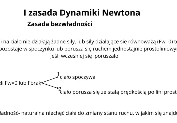 Pierwsza zasada dynamiki Newtona: ciało pozostaje w spoczynku lub ruchu jednostajnym prostoliniowym, gdy siły się równoważą (Fw=0).