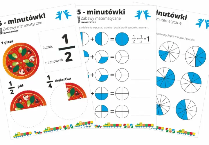 Zabawy matematyczne pokazują rodzaje ułamków na przykładzie pizzy i kół podzielonych na części.