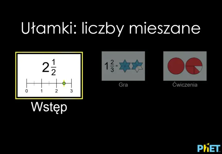Wstęp: jak zamienić ułamek niewłaściwy na liczbę mieszaną. Liczba 2 i 1/2 na osi liczbowej. Gra i ćwiczenia.