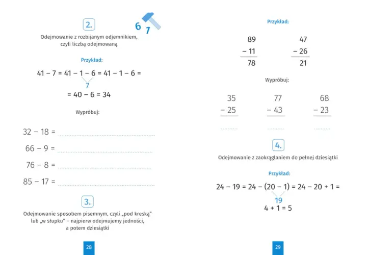 Zadania z matematyki dla klasy 4: odejmowanie z rozbijaniem liczby, pisemne i z zaokrąglaniem.