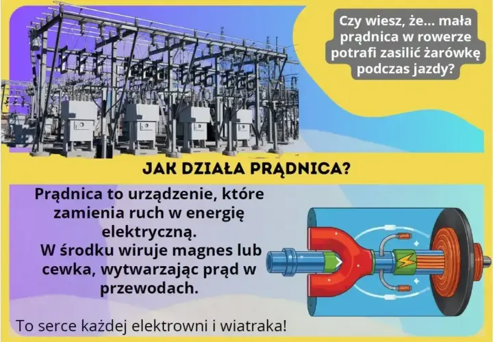 Prądnica zamienia ruch w energię elektryczną, pokonując opór. W środku wiruje magnes lub cewka, tworząc prąd. To serce elektrowni i wiatraków.