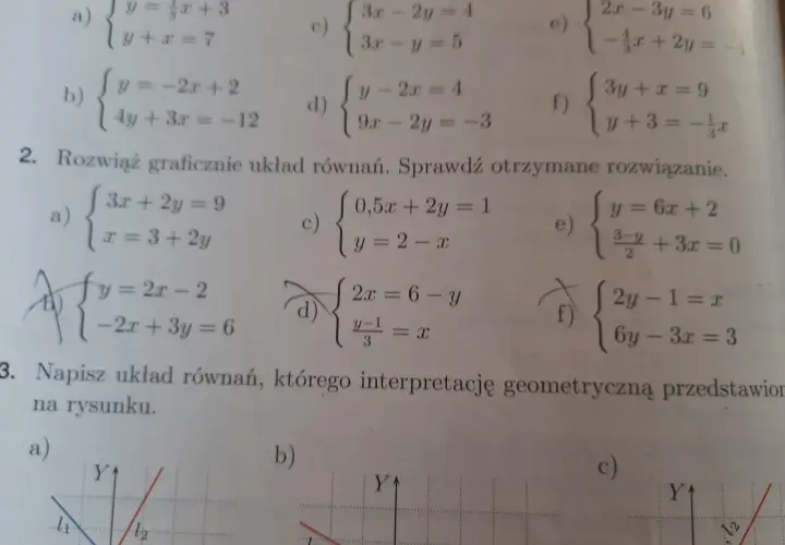 Zadanie 2. Rozwiąż graficznie układy równań. Przykład a) to układ {3x+2y=9, x=3+2y}.