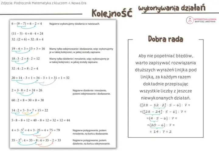 Klasa 8: kolejność wykonywania działań. Przykład z nawiasami, mnożeniem, dzieleniem, dodawaniem i odejmowaniem.