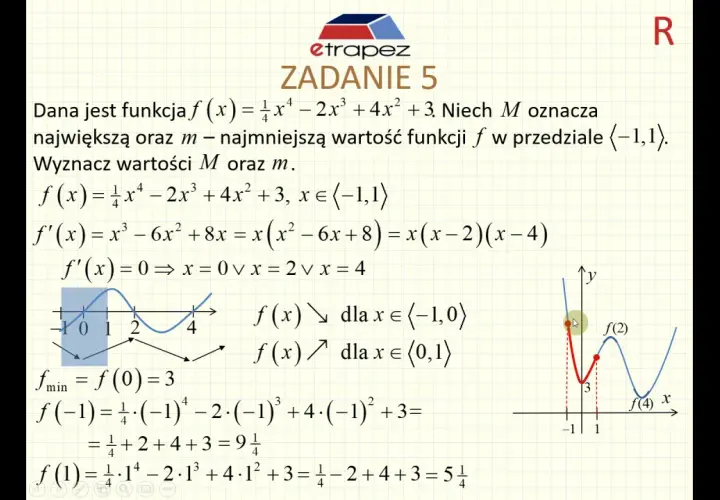 Rozwiązanie zadania 5, gdzie szukamy ekstremów funkcji f(x) na przedziale [-1,1]. Obliczenia pochodnej i wartości funkcji potwierdzają twierdzenie Darboux.