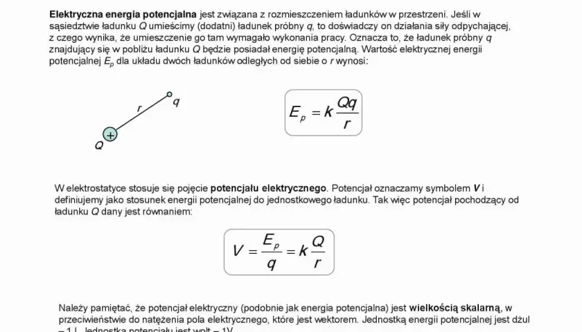 Ilustracja pokazuje zależność między energią potencjalną a kinetyczną ładunków. Wzór na energię potencjalną Ep.
