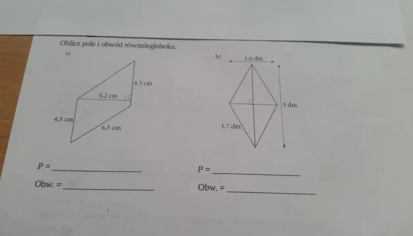 Zadanie z geometrii: jak obliczyć obwód równoległoboku. Dwa przykłady z podanymi bokami i wysokościami.