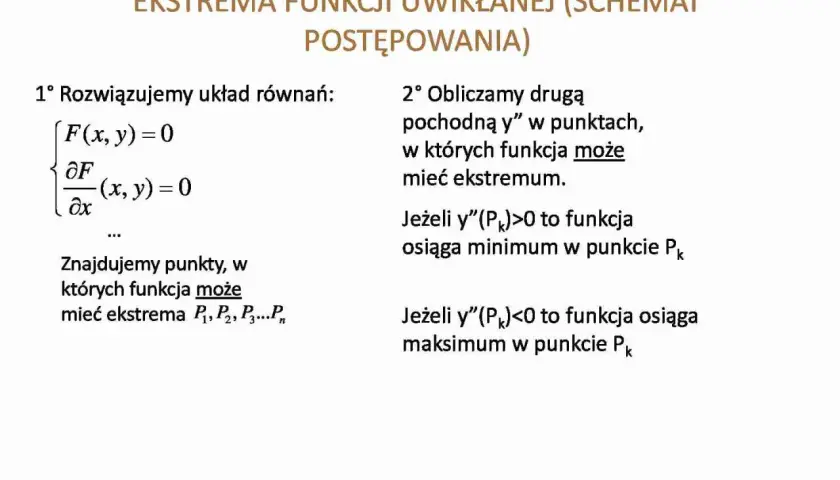 Schemat znajdowania ekstremum funkcji uwikłanej: rozwiązujemy układ równań, obliczamy drugą pochodną, by określić minimum lub maksimum.