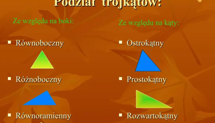 Podział trójkątów: równoboczny, różnoboczny, równoramienny (ze względu na boki) oraz ostrokątny, prostokątny, rozwartokątny (ze względu na kąty).