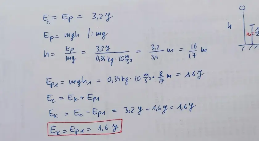 Obliczenia dotyczące energii potencjalnej grawitacji jednostki. Widać wzory i dane: m=0,34kg, Ep=3,2J, g=10m/s².